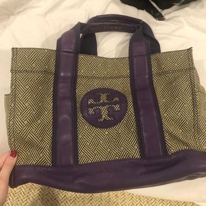 Tory Burch taupe and purple tote bag